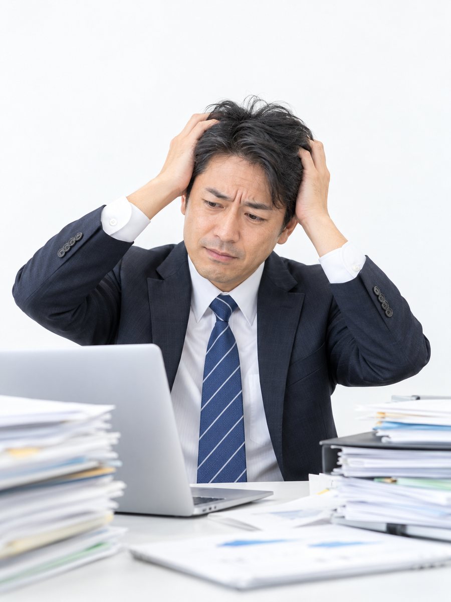 高く積まれた書類の前で頭を抱えるビジネスマン